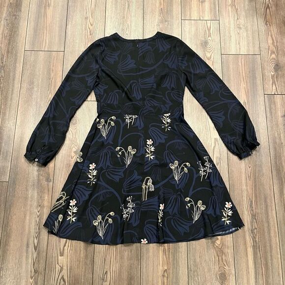 Loft Dress Women's Size 4 Black 100 % Polyester Floral Long Sleeve Round Neck - Picture 2 of 6